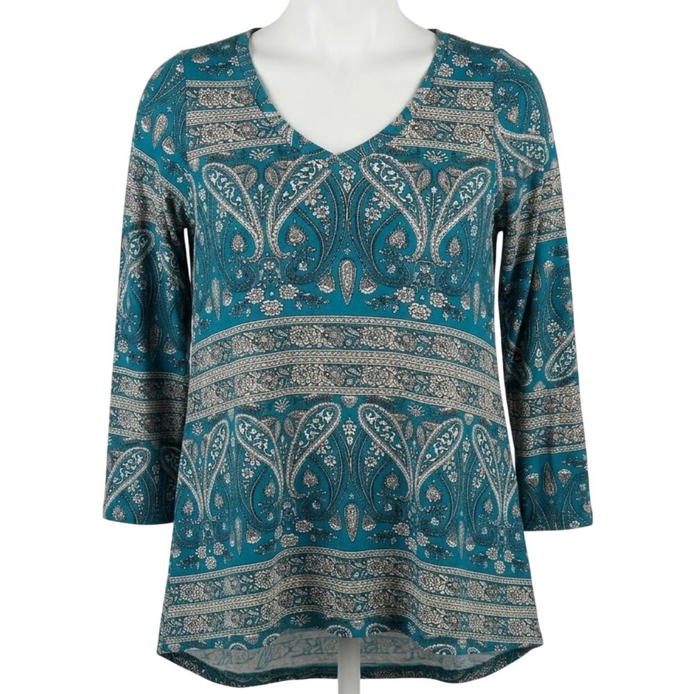 Popyoung Blouse Women XL Green Beige Paisley Boho Long Sleeve Hippie VNeck